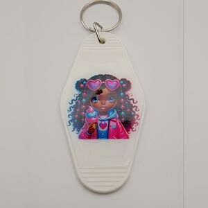 Handmade Y2K Cartoon Doll Motel Keychain White Vintage Style UV Resin & DTF New